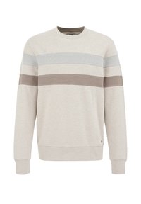 Sweat-shirt gris clair en tissu doux, avec des rayures horizontales bleues et marron. Col rond et poignets côtelés. Design simple.