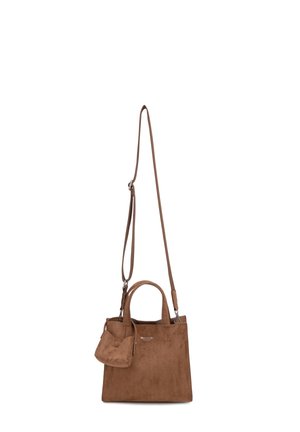 Bruine suède totebag met een kleine bijpassende pouch, korte handvatten en een verstelbare lange schouderriem.