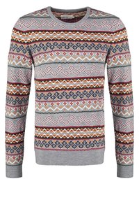 Maglione lavorato a maglia con una base grigia e motivi geometrici multicolori, maniche lunghe e scollo rotondo. Polsini e orlo a costine.