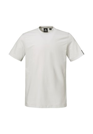 Schlichtes weißes T-Shirt mit kurzen Ärmeln und Rundhalsausschnitt, mit einem kleinen schwarzen Markenlabel innen am Kragen und auf dem linken Ärmel.