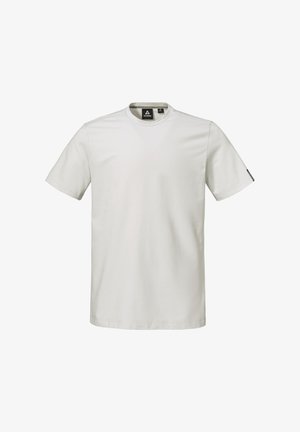 Schlichtes weißes T-Shirt mit kurzen Ärmeln und Rundhalsausschnitt, mit einem kleinen schwarzen Markenlabel innen am Kragen und auf dem linken Ärmel.