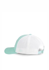 Gorra de béisbol verde menta y blanca con parte trasera de malla, visera curvada y correa ajustable, con un pequeño logo en el lateral.