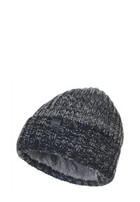Gebreide beanie in zwart en grijs met een gestructureerd patroon, voorzien van een zachte binnenvoering en een klein aangehecht label aan de zijkant.