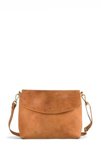 Tan leather shoulder bag with a flap closure, adjustable strap, and subtle embossed logo. Smooth texture with minimal hardware accents.