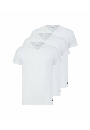 Drei schlichte weiße T-Shirts mit kurzem Ärmel und V-Ausschnitt übereinander gestapelt, mit einem kleinen "G-STAR"-Text im Kragen.