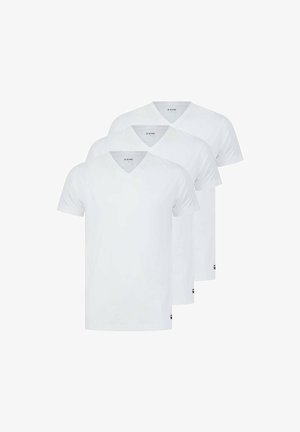 Three plain white short-sleeve V-neck T-shirts stacked, branded with small "G-STAR" text inside the collar.