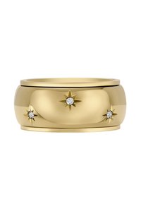 Goldring mit glatter, runder Oberfläche, verziert mit drei sternförmigen Akzenten, die mit klaren Steinen besetzt sind. Polierte Oberfläche, klassisches Design.