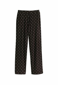 Pantaloni de pijama negri, dintr-o țesătură moale, cu o croială lejeră și buline albe, completează cu un elastic în talie pentru confort.