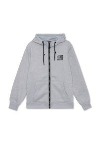 Sudadera gris con cremallera y un logo negro en el pecho, dos bolsillos delanteros, capucha con cordón, puños elásticos y cremallera forrada con el logo.