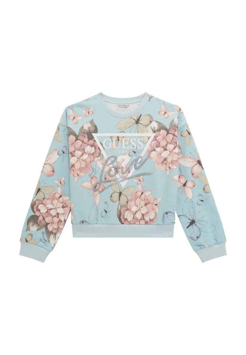 Felpa azzurra chiara con motivi floreali e farfalle, con il logo bianco "GUESS" e una grafica argentata con la parola "love". Maniche e orlo a coste.
