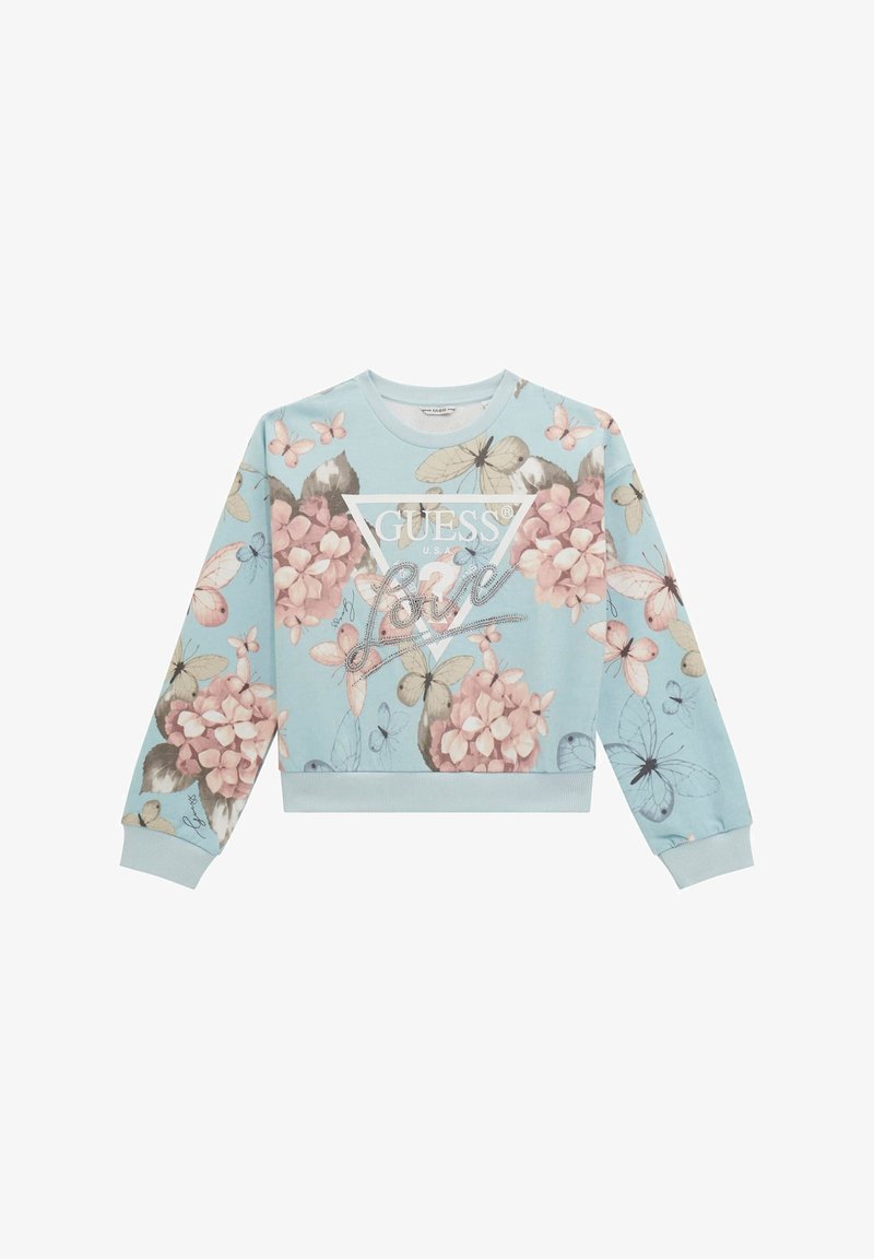 Felpa azzurra chiara con motivi floreali e farfalle, con il logo bianco "GUESS" e una grafica argentata con la parola "love". Maniche e orlo a coste.