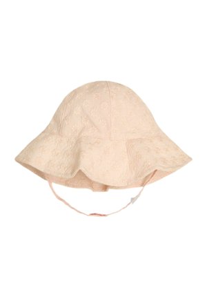 Hellrosa, breitkrempiger Sonnenhut mit floraler Stickerei und verstellbarem Kinnriemen.