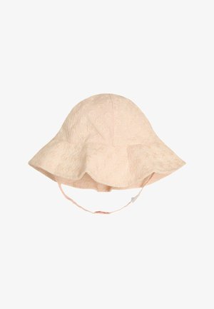 Vaaleanpunainen, leveälierinen aurinkohattu, jossa on kukka-ompelukuvio ja säädettävä leukahihna.