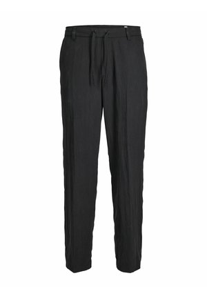 Black, loose-fitting pants made from a textured fabric, featuring a drawstring waist and straight legs with side pockets.
