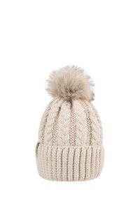 Beige knitted winter hat with cable pattern and large fluffy pom-pom on top, folded ribbed cuff at the base.