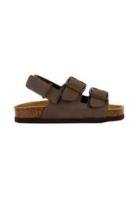 Sandale marron à bout ouvert avec semelle en liège, deux boucles réglables sur le dessus du pied et une sangle velcro au talon pour un ajustement sécurisé.