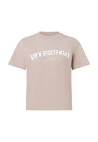 Light beige short-sleeve T-shirt in cotton with a round neckline, featuring white text "AIM'N SPORTSWEAR" and "EST. 2013" in a curved design.
