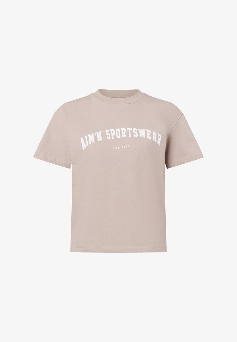 Light beige short-sleeve T-shirt in cotton with a round neckline, featuring white text "AIM'N SPORTSWEAR" and "EST. 2013" in a curved design.