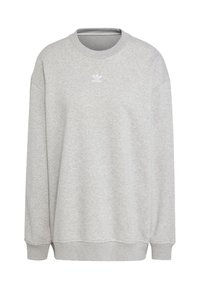 Sweatshirt gris en tissu doux, avec un col rond, des manches longues, des poignets et un ourlet côtelés, et un petit logo blanc à l'avant.