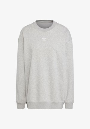 Sivá mikina vyrobená z mäkkého materiálu, s okrúhlym výstrihom, dlhými rukávmi, rebrovanými manžetami a lemom, s malým bielym logom vpredu.