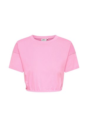 T-shirt court rose à manches courtes avec encolure ras du cou et ourlet élastique froncé, design uni, étiquette à l'intérieur de l'encolure.