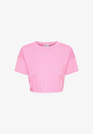 Roze cropped t-shirt met korte mouwen, ronde hals en elastische zoom, effen ontwerp, label aan de binnenkant van de hals.