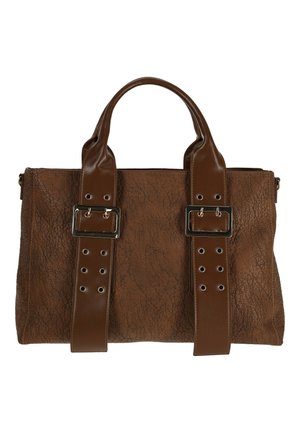 Bruine leren handtas met een gestructureerd lichaam, twee brede glanzende banden met zilveren gespen en dubbele afgeronde handvatten.