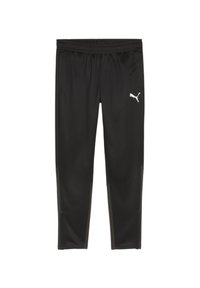 Schwarze Sporthosen mit elastischem Bund, versehen mit einem weißen Puma-Logo und subtilen grauen Akzenten an den unteren Seiten. Glatte Textur.