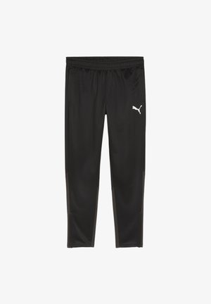 Zwarte sportbroek met een elastische tailleband, voorzien van een Puma-logo in het wit en subtiele grijze accenten aan de onderzijden. Gladde textuur.