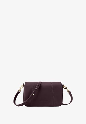 Burgundy leather crossbody bag with adjustable strap, featuring seam accents and gold-tone hardware; compact rectangular shape.