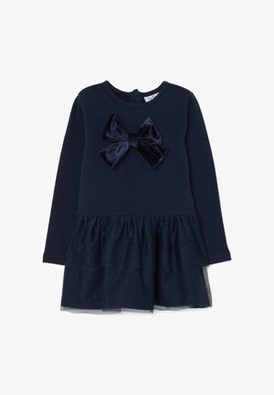 Vestido de niña de manga larga en azul marino con un lazo de terciopelo en el pecho y falda de tul con brillo en capas.