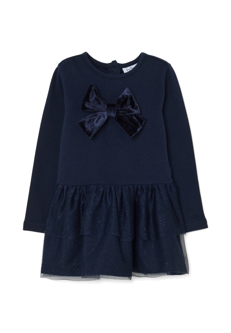 Dunkelblaues Langarm-Kleid für Kleinkinder mit einem Samtbogen auf der Brust und einem mehrlagigen, glitzernden Tüllrock.