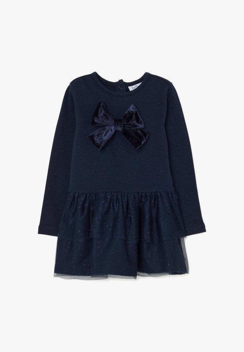 Robe pour tout-petit à manches longues bleu marine avec un nœud en velours sur la poitrine et une jupe en tulle pailleté à plusieurs couches.