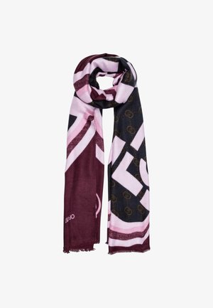 Bufanda multicolor con patrones geométricos en burdeos, rosa y azul marino, hecha de un tejido suave con bordes deshilachados y detalle de logotipo de la marca.