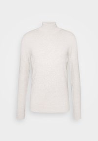 Helle beigefarbene Rollkragenpullover aus weichem Strickstoff, mit langen Ärmeln und einer figurbetonten Passform ohne sichtbare Muster oder Akzente.
