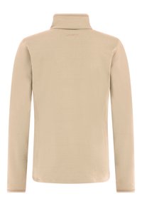 Beige Fleecejacke mit langen Ärmeln und hohem Kragen, von hinten gezeigt, mit einem einfachen, glatten Design.