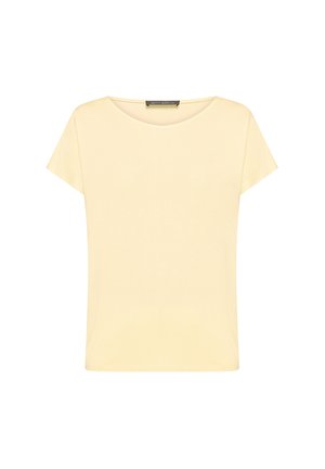 Kremowa bluzka z krótkim rękawem, o okrągłym dekolcie, prostym kroju, z metką Betty Barclay na wewnętrznym kołnierzu.