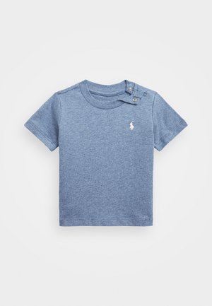 Blauw korte mouwtjes peuter T-shirt met een knoopsluiting op de schouder en een klein wit polo-spelerlogo op de borst.
