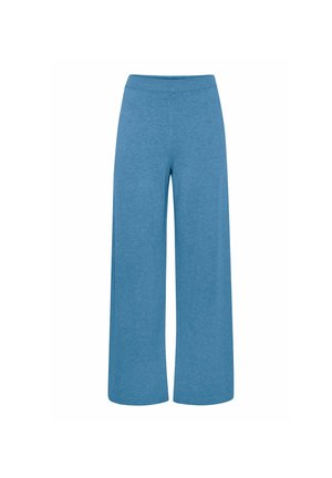 Pantalons larges bleu clair en tissu doux, avec une taille élastique et un design simple sans ornements.