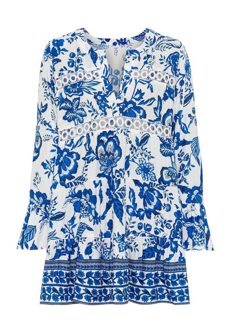 Bluse mit Blumenmuster in Weiß und Blau, ausgestattet mit langen Ärmeln, einem V-Ausschnitt, Spitzenakzenten und einem gerafften Saum. Das Material wirkt leicht und luftig.