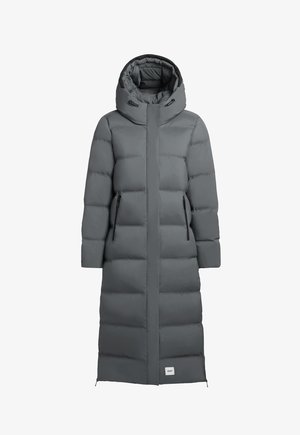 Gray puffer coat with a hood, featuring a long design, quilted texture, two front pockets, and a logo detail near the hem.