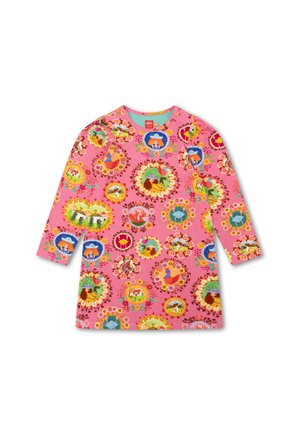 Langsleeve jurk van roze katoen met een kleurrijk bloemen- en dierenpatroon, met cirkelvormige motieven en een ronde halslijn.