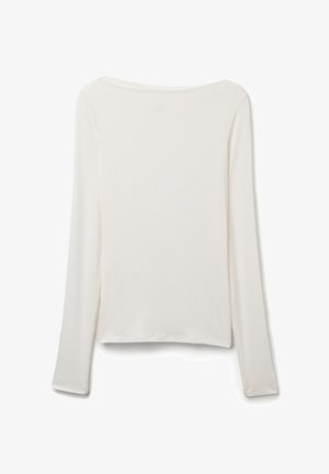 Maglietta a maniche lunghe in morbido tessuto bianco. Presenta un ampio scollo, orlo dritto e una texture liscia senza decorazioni o motivi visibili.