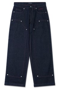 Dark denim wide-leg pants with two front pockets, silver hardware details, and contrasting red stitching. Features a button closure and brand logo.