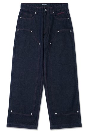 Dark denim wide-leg pants with two front pockets, silver hardware details, and contrasting red stitching. Features a button closure and brand logo.