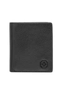 Portafoglio in pelle nera con finitura testurizzata, caratterizzato da un logo nero. Design compatto e rettangolare con linee pulite e minimaliste.