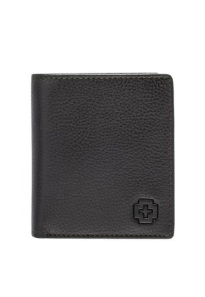 Black leather wallet with a textured finish, featuring a black logo accent. Compact, rectangular design with clean, minimalist lines.