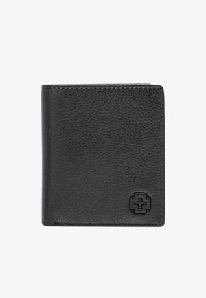 Čierna kožená peňaženka s textúrovaným povrchom, s čiernym logom ako akcentom. Kompaktný, obdĺžnikový dizajn s čistými, minimalistickými líniami.