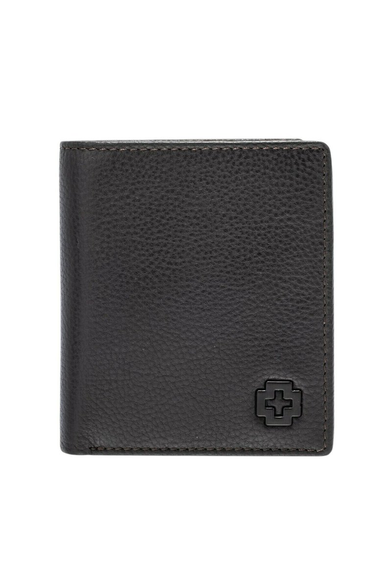 Portafoglio in pelle nera con finitura testurizzata, caratterizzato da un logo nero. Design compatto e rettangolare con linee pulite e minimaliste.
