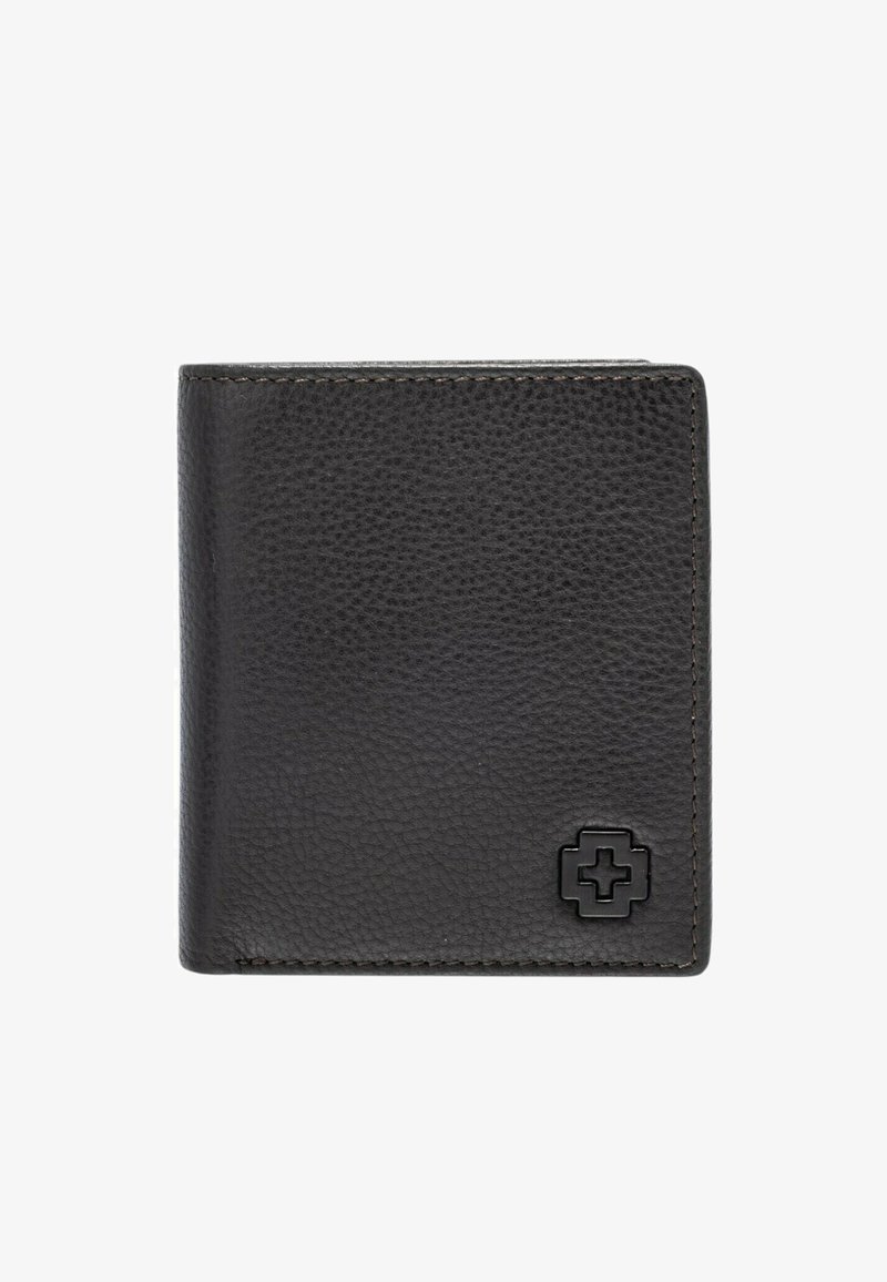 Zwarte leren portemonnee met een gestructureerde afwerking, voorzien van een zwart logo. Compacte, rechthoekige vormgeving met strakke, minimalistische lijnen.